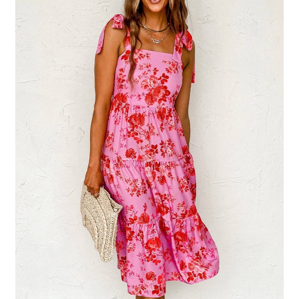 Pink and Red Floral A-Line Dress